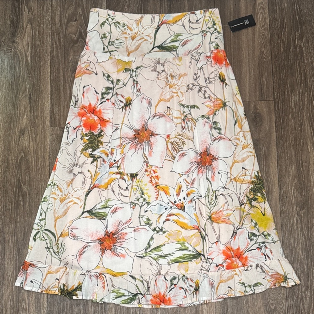 INC International Concepts Floral A-Line Skirt - Cream, Orange, Green